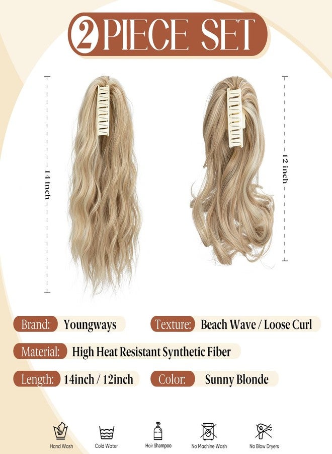 youngways 2 PCS Ponytail Extensions Claw Clip Short Pony Tails Wavy Curly Synthetic Hairpieces for Women 12 Inch + 14Inch Set Sunny Blonde - Image 2